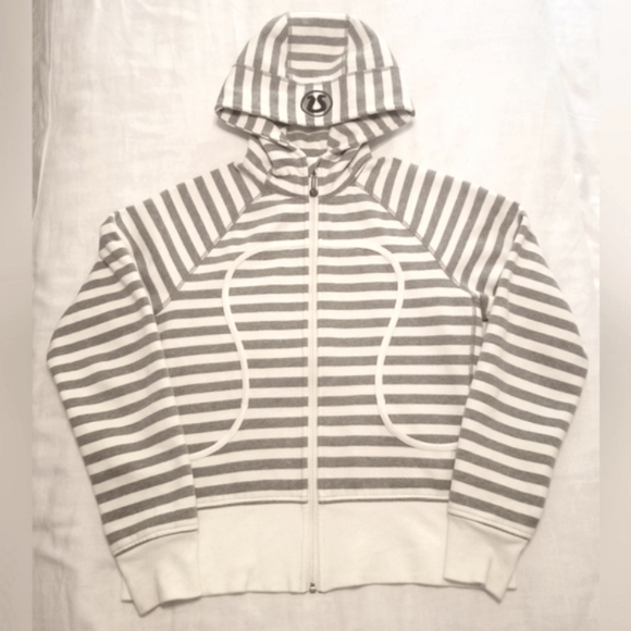 Lululemon Scuba Zip Hoodie in Grey and Cream Stripes Size 10 - Picture 1 of 4